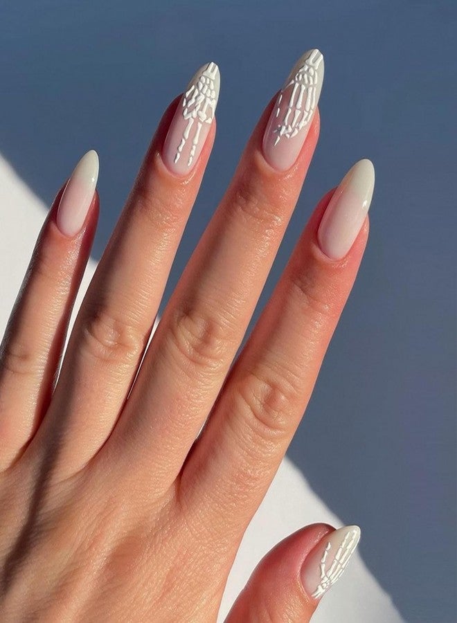 OCOUYVD 24 Pcs Halloween Press On Nails - Medium Almond, 3D White Skull Designs, French Tip, Glossy False Nails - DIY Manicure - Image 2